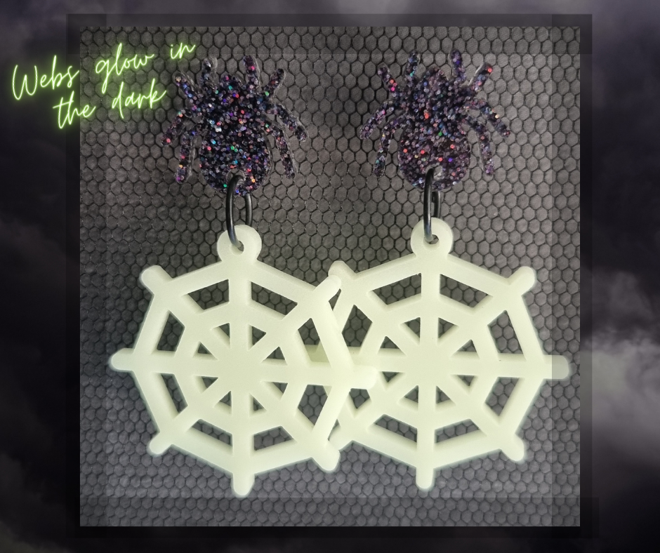 Glowing Enchanted Web Earrings ~ Acrylic Spider Stud Earrings Featuring Glow In The Dark Web Dangles.