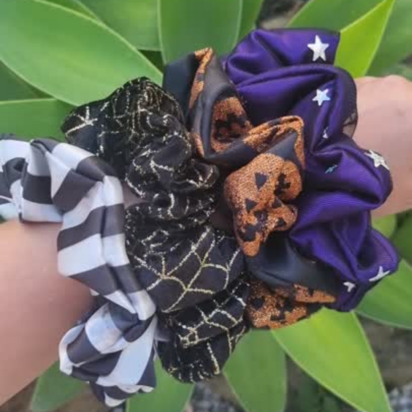 💜☪️Witching Hour ~ Purple Satin and Holographic Stars Halloween scrunchie