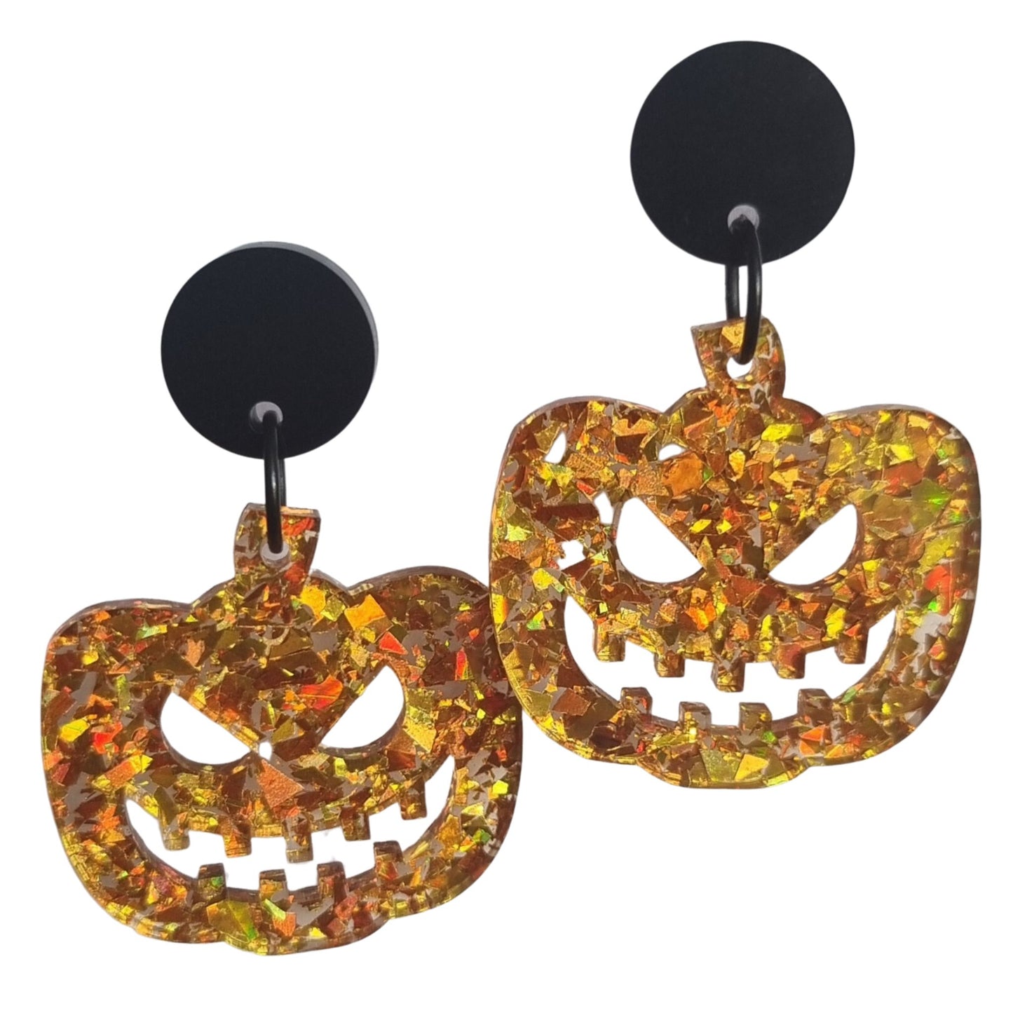 Evil Pumpkin Spice Earrings ~ Black Acrylic with chunky Pumpkin Spice glitter Acrylic Halloween dangles.