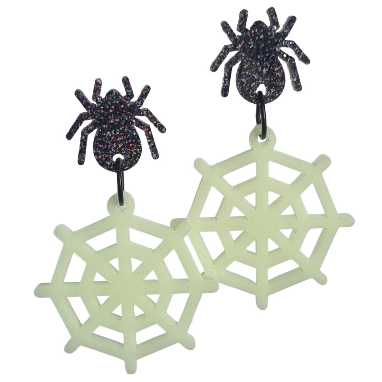 Glowing Enchanted Web Earrings ~ Acrylic Spider Stud Earrings Featuring Glow In The Dark Web Dangles.