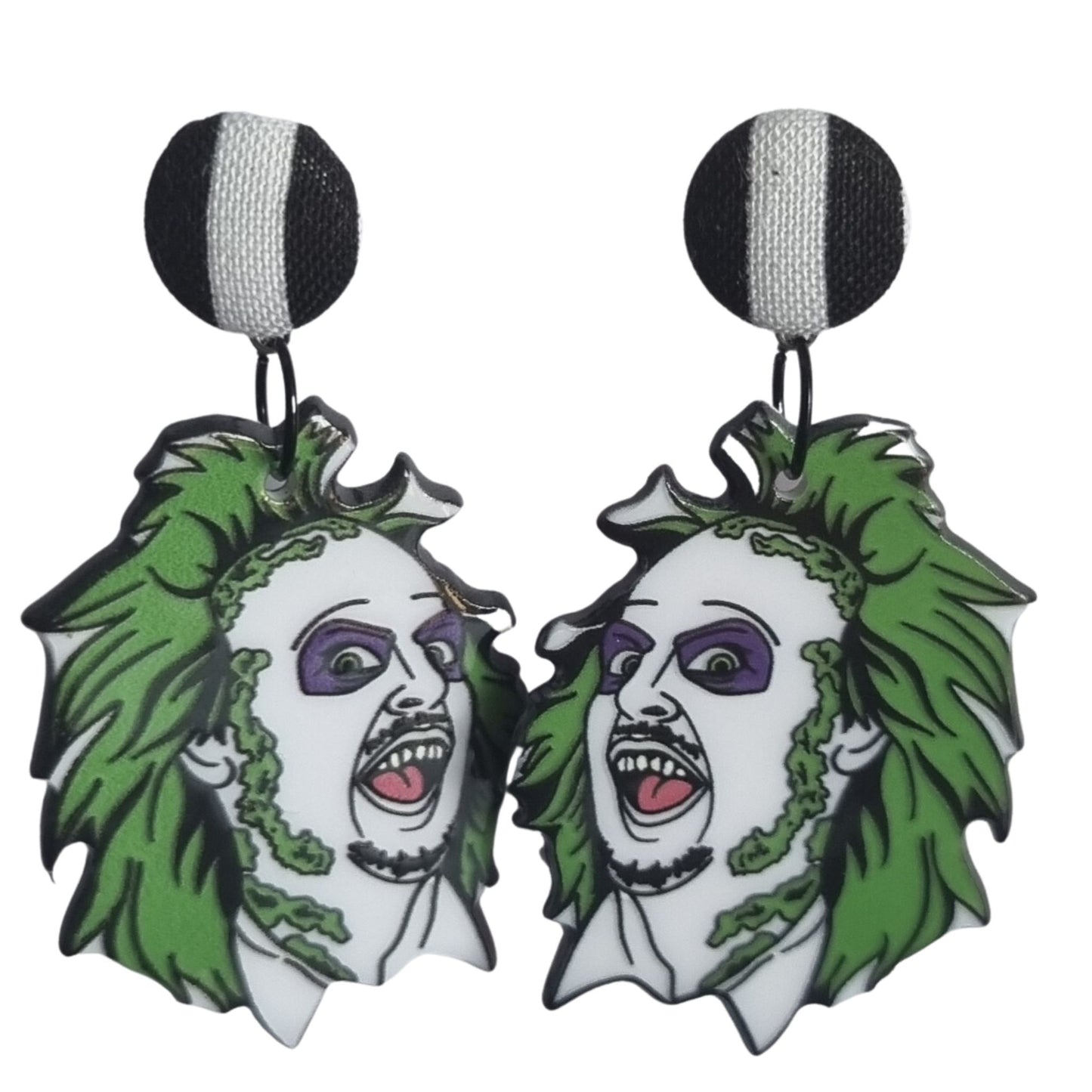 Beetlejuice, Beetlejuice, Beetlejuice Earrings ~ black and white stripe fabric button earrings with Beetlejuice dangle charm