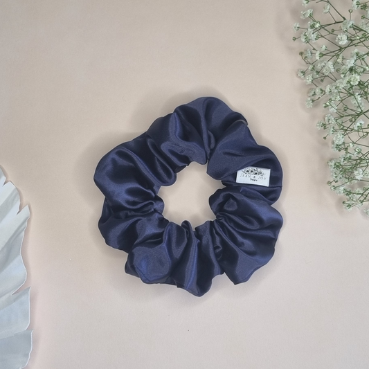 Midnight Navy Dark Blue Satin Scrunchie