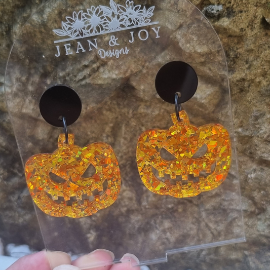 Evil Pumpkin Spice Earrings ~ Black Acrylic with chunky Pumpkin Spice glitter Acrylic Halloween dangles.