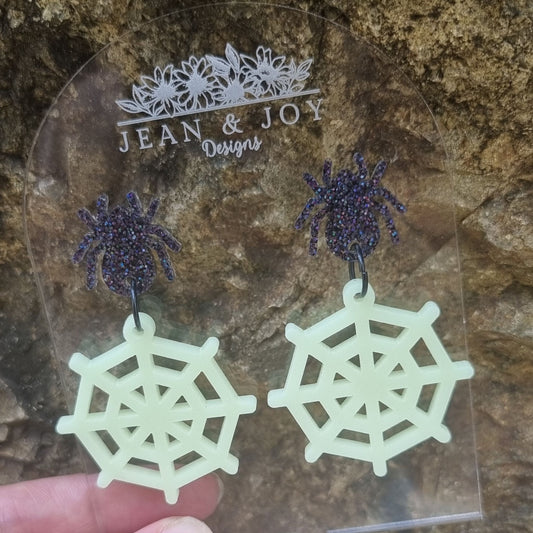 Glowing Enchanted Web Earrings ~ Acrylic Spider Stud Earrings Featuring Glow In The Dark Web Dangles.