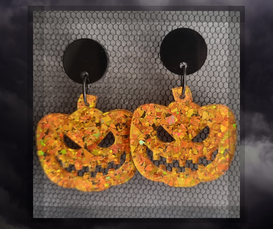 Evil Pumpkin Spice Earrings ~ Black Acrylic with chunky Pumpkin Spice glitter Acrylic Halloween dangles.