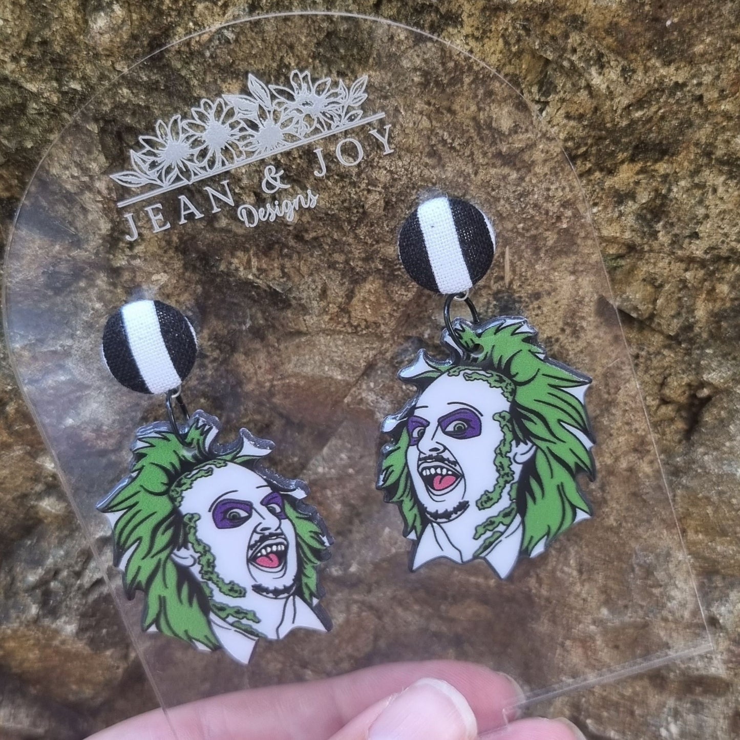 Beetlejuice, Beetlejuice, Beetlejuice Earrings ~ black and white stripe fabric button earrings with Beetlejuice dangle charm