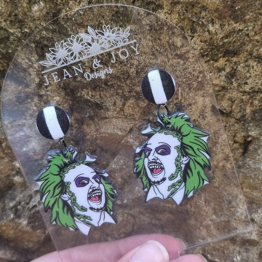 Beetlejuice, Beetlejuice, Beetlejuice Earrings ~ black and white stripe fabric button earrings with Beetlejuice dangle charm