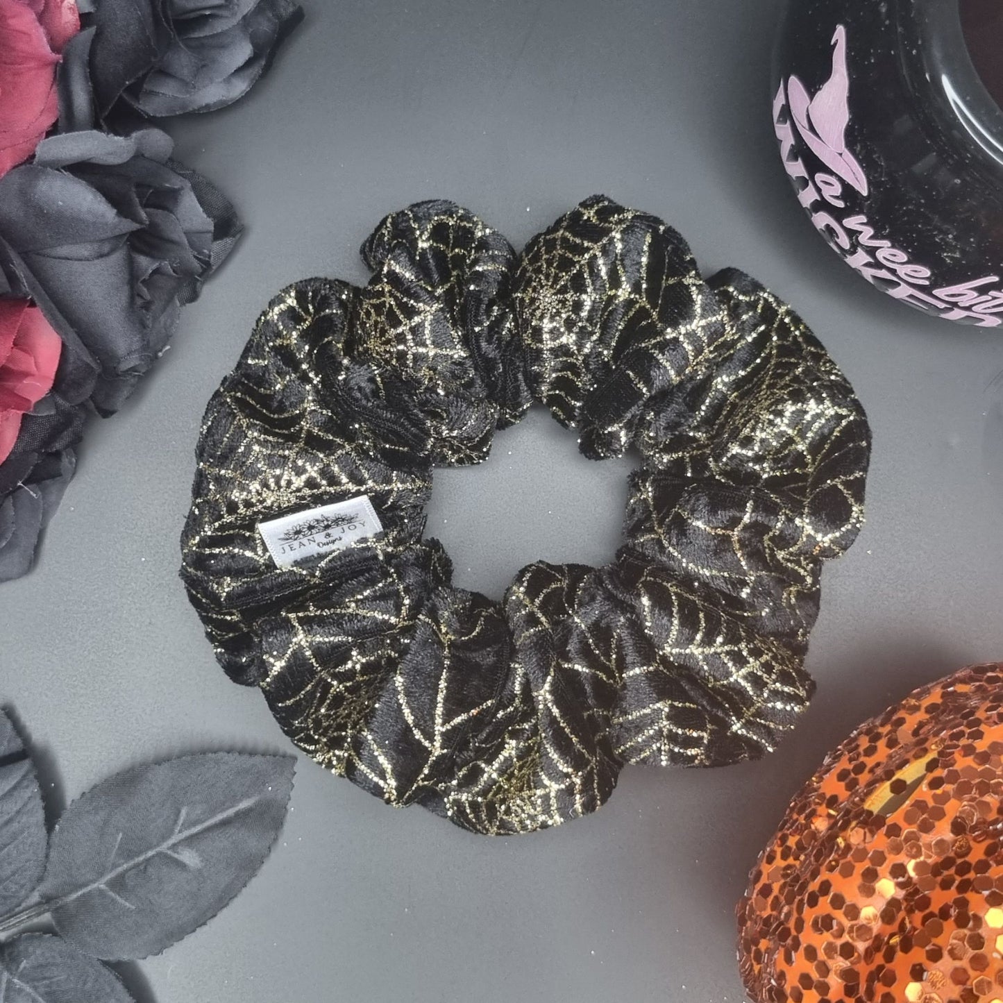 Web of Enchantment ~ Black Velvet and Gold Glitter Spider Web Halloween Scrunchie