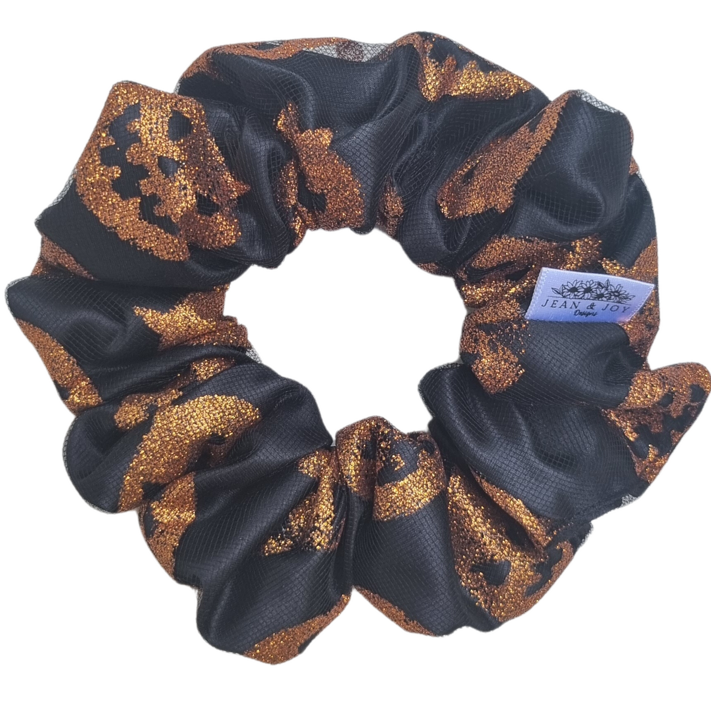 🎃🖤 Evil Pumpkin Spice ~Black Satin and Orange Glitter Pumpkin Halloween Scrunchie