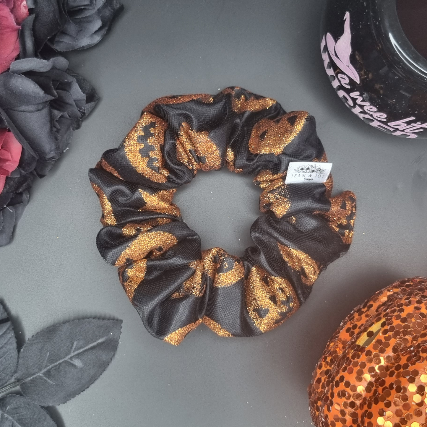 🎃🖤 Evil Pumpkin Spice ~Black Satin and Orange Glitter Pumpkin Halloween Scrunchie