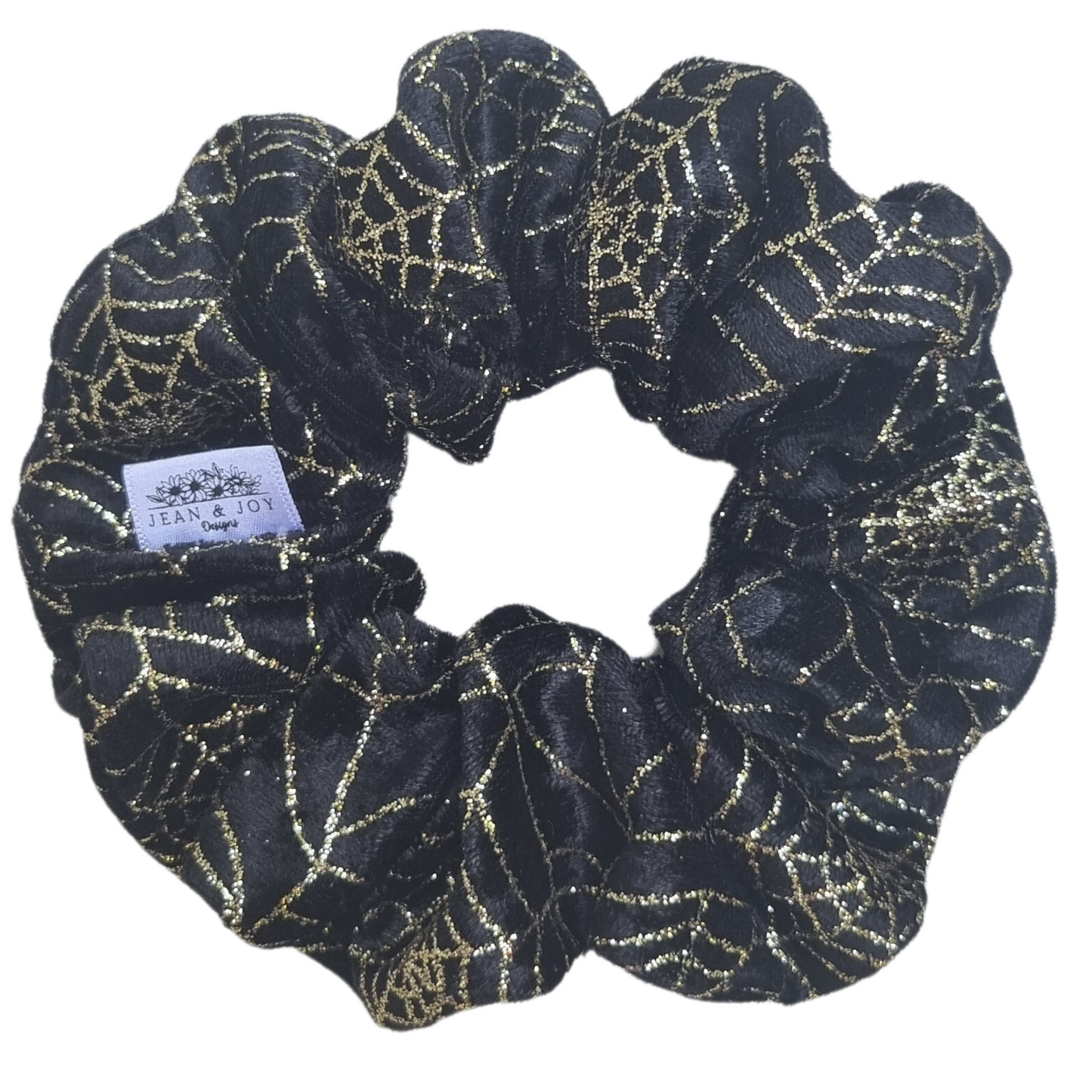 Web of Enchantment ~ Black Velvet and Gold Glitter Spider Web Halloween Scrunchie