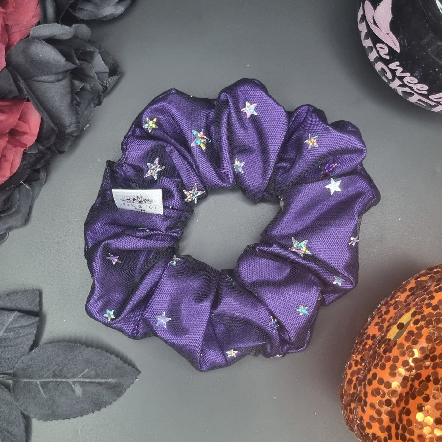 💜☪️Witching Hour ~ Purple Satin and Holographic Stars Halloween scrunchie