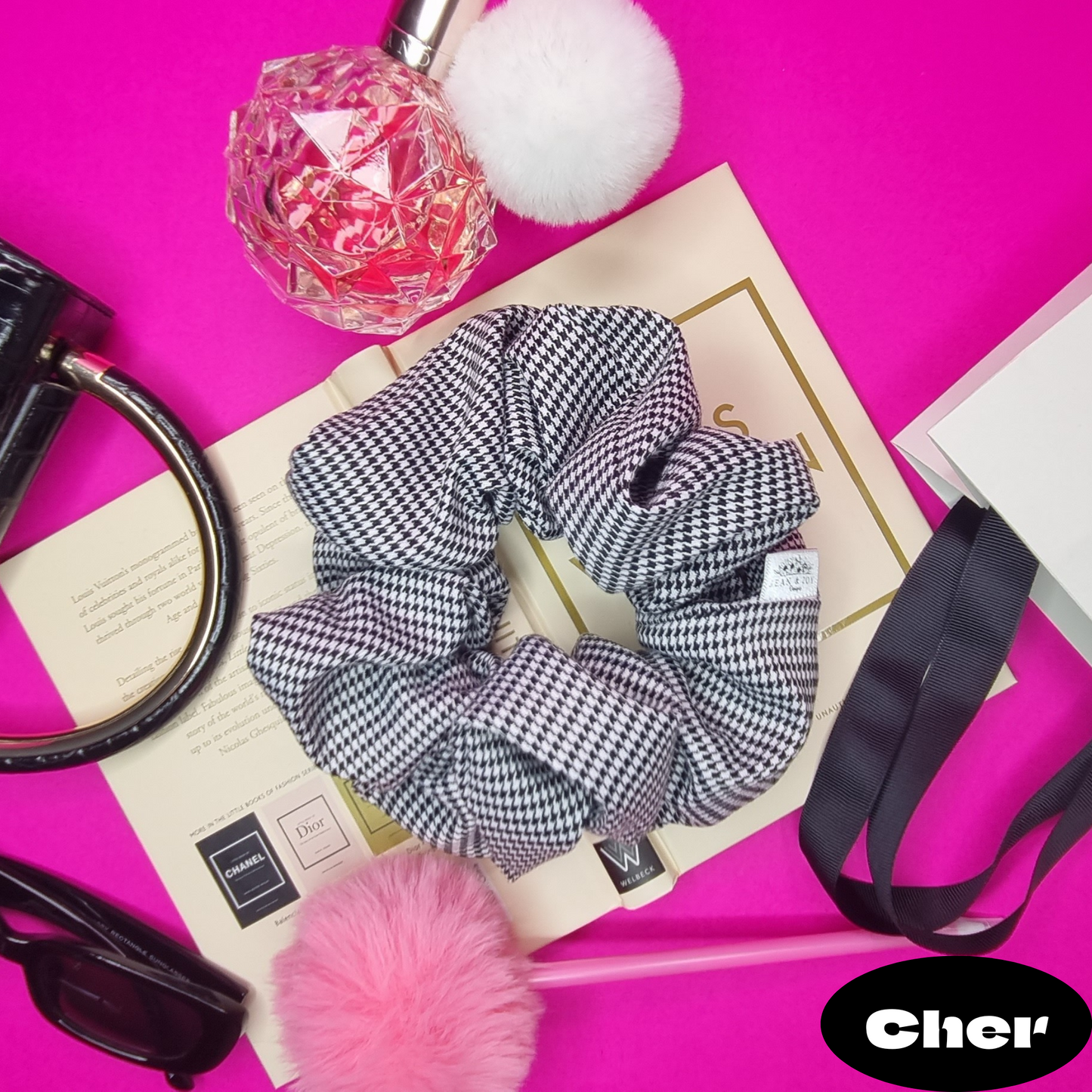 Cher~ Black and White Houndstooth Scrunchie