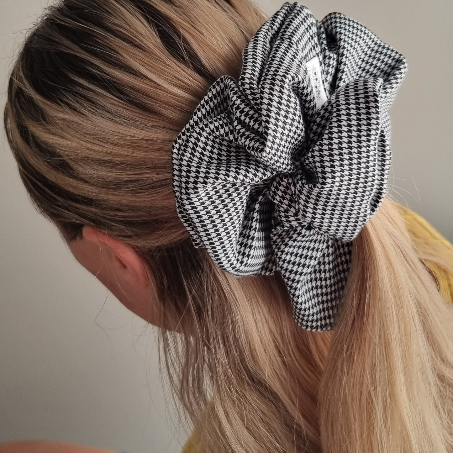 Cher~ Black and White Houndstooth Scrunchie