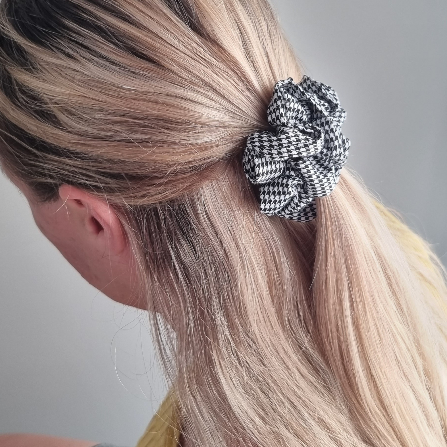 Cher~ Black and White Houndstooth Scrunchie