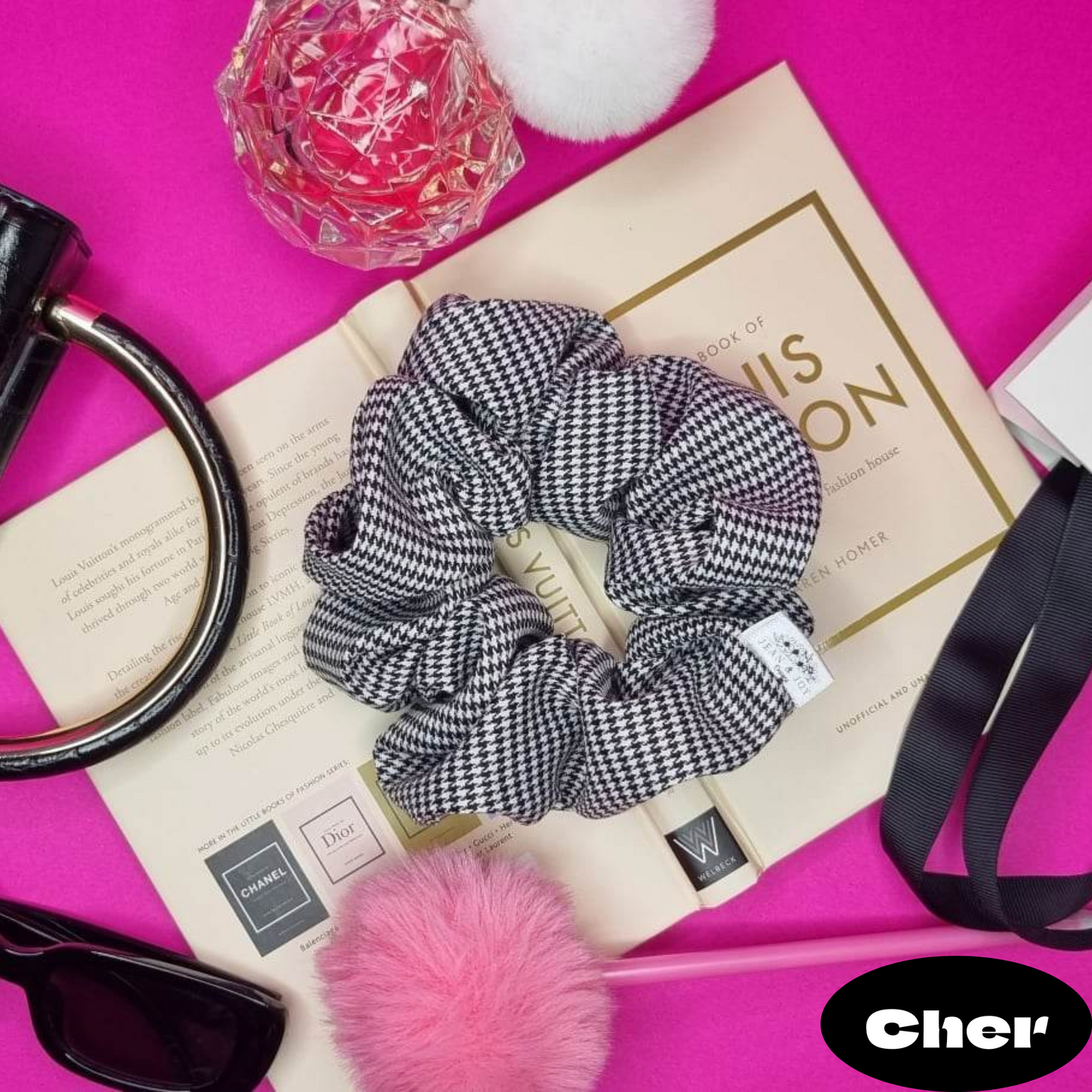 Cher~ Black and White Houndstooth Scrunchie