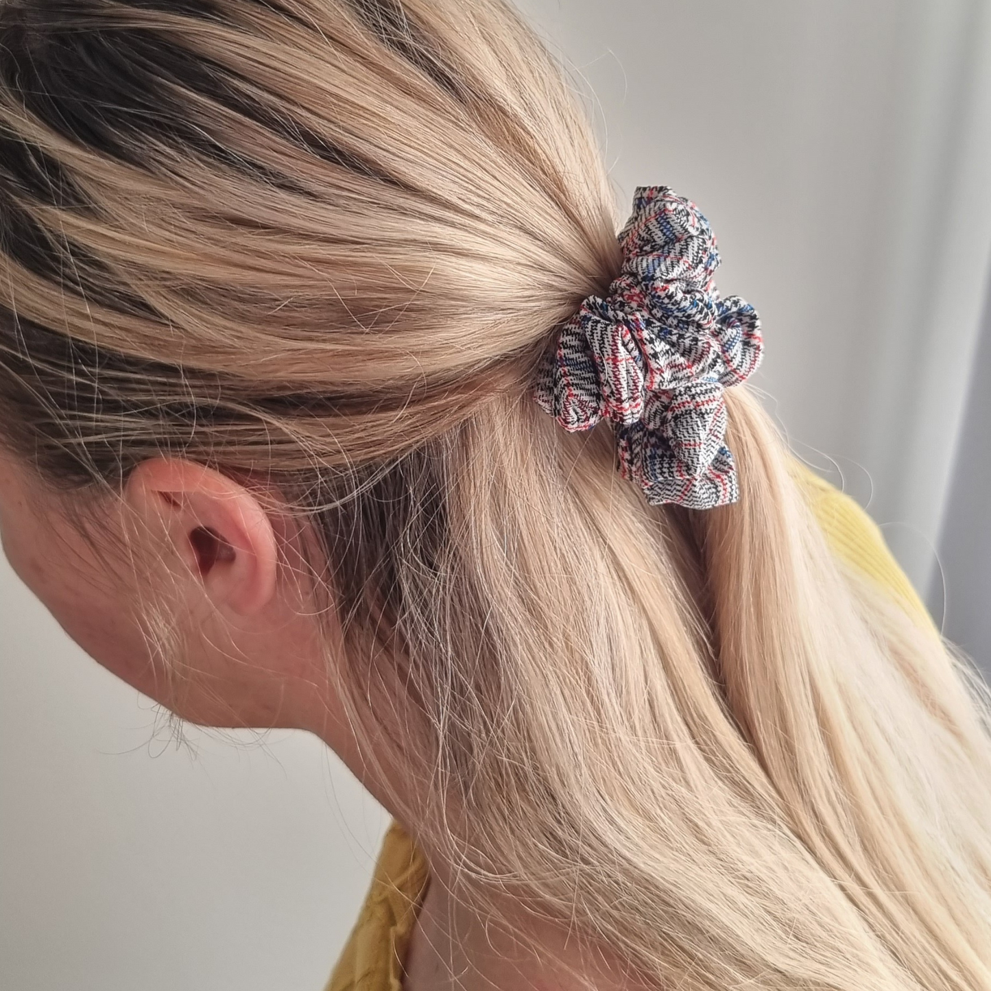 Dion ~ Grey, Red and Blue Plaid Scrunchie