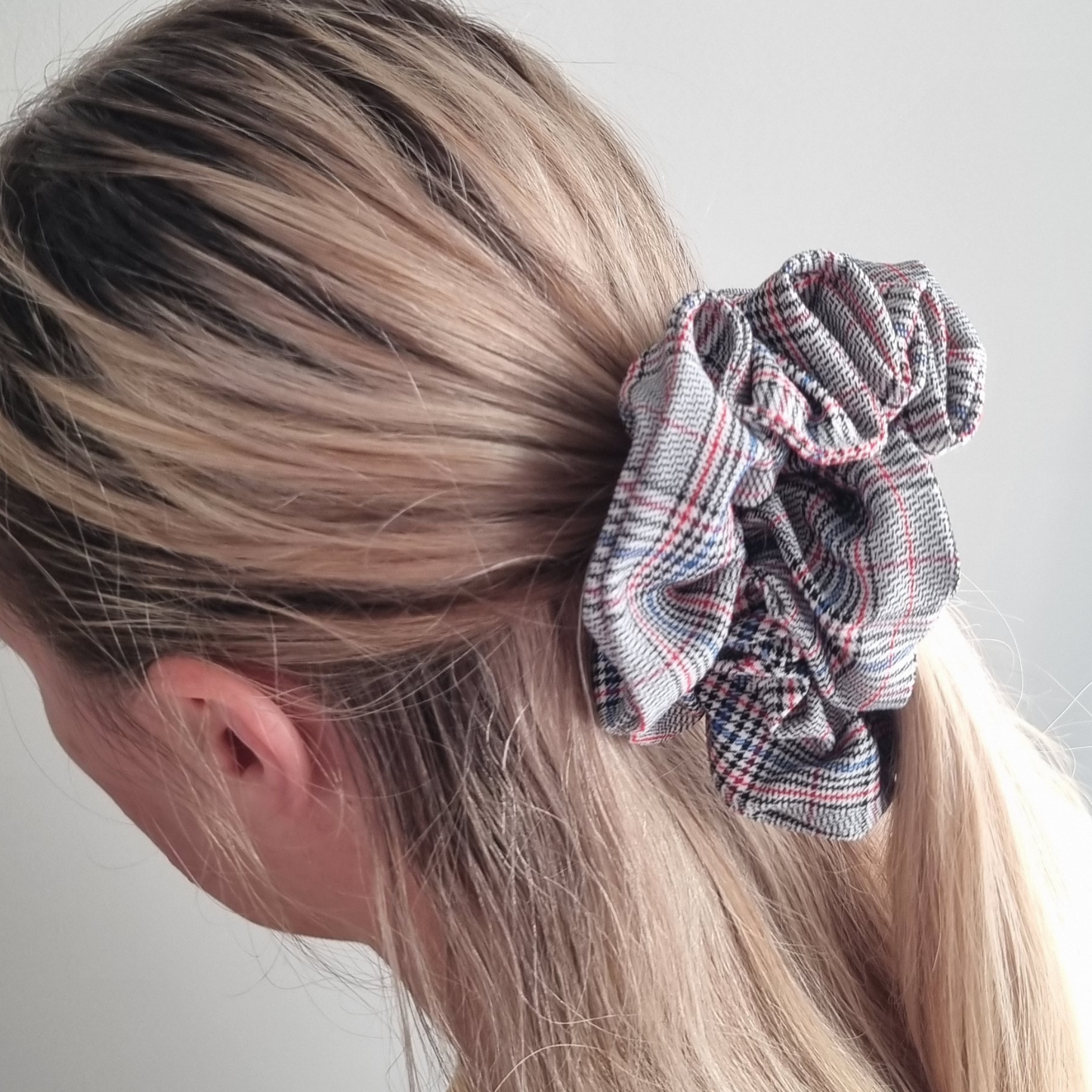 Dion ~ Grey, Red and Blue Plaid Scrunchie